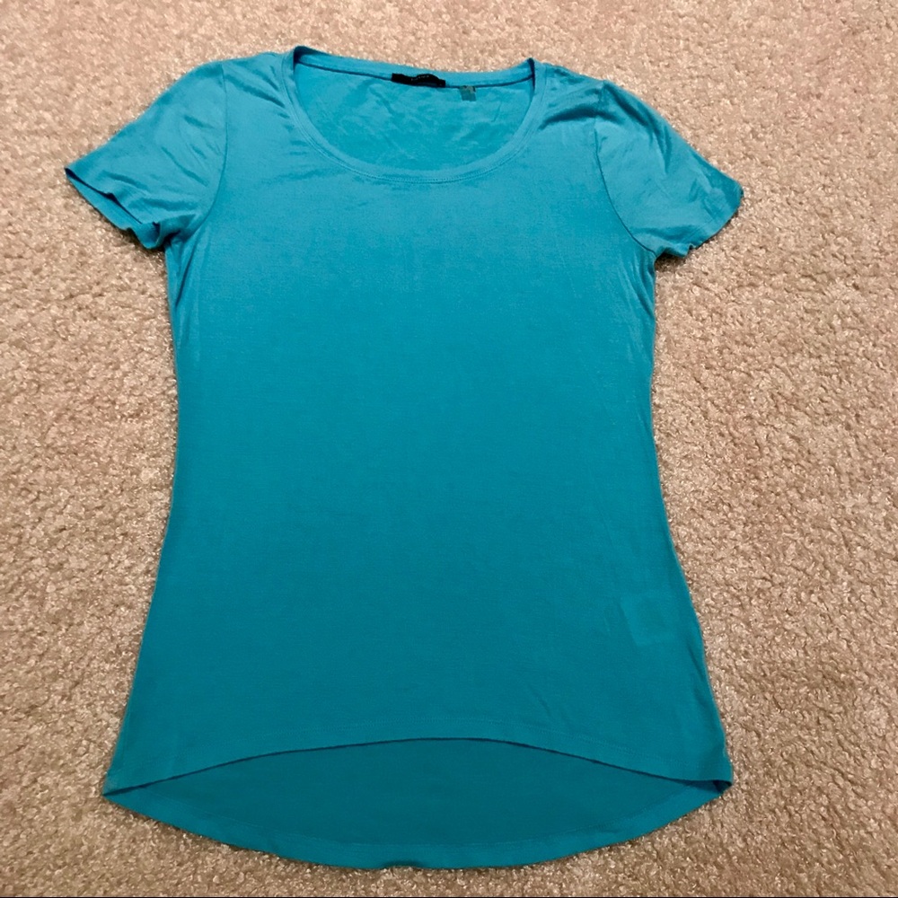 Knit short sleeve tee top aqua blue, M, scoop neck